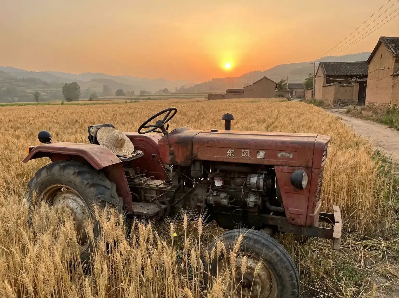 夕阳下的老式拖拉机停在麦田边 - 平岛夏海 田间记忆
